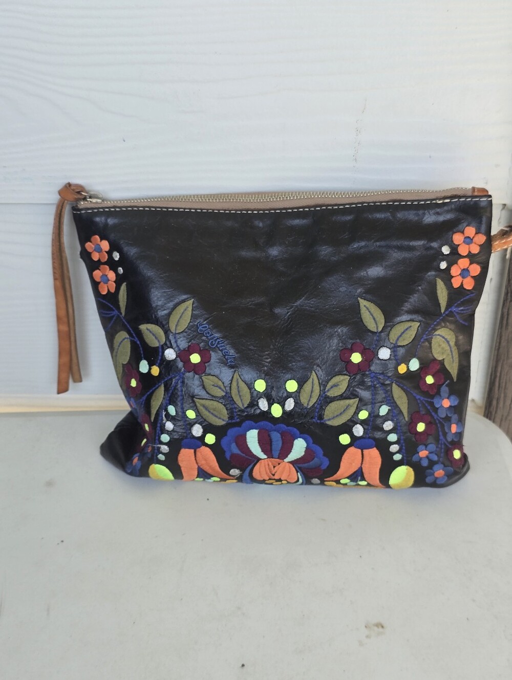 Consuela Black Leather Embroidered Floral Zip Clutch Wristlet Cosmetic Bag 9x11